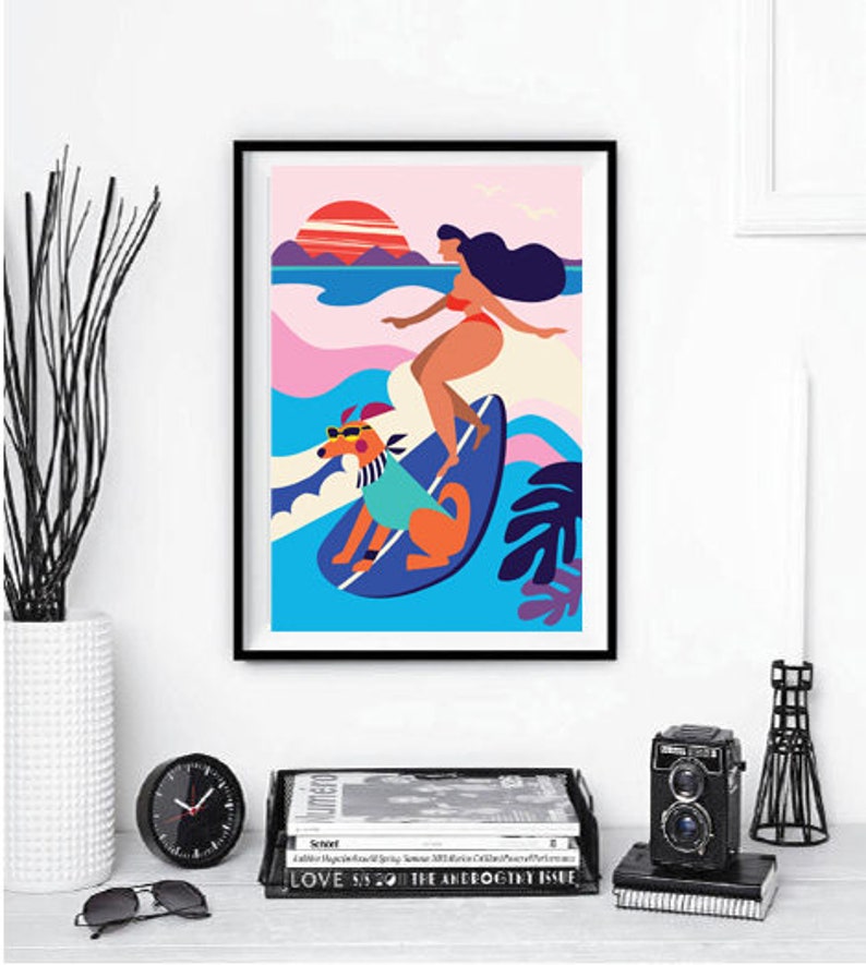 Woman Print Mid Century Print Surf Dog Print Modern Art Etsy