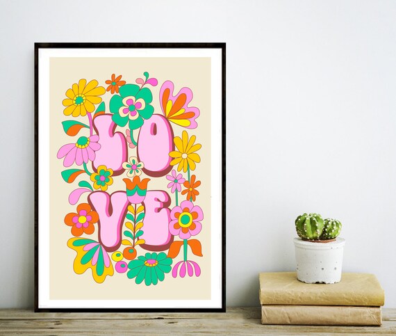 Flower Power 2 Art PrintFloral 70s hippie 60s poster abstract artwork MidCent 