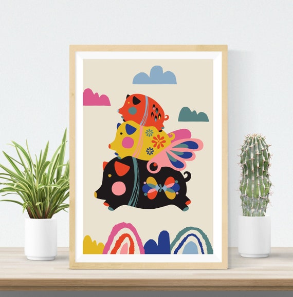 Pigs Print Mid Century Modern Art Home Decor Inspirational Etsy