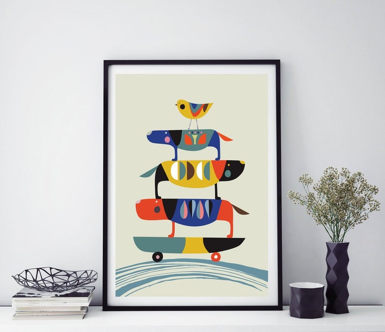 Dogs Print Black Dog Wall Art Geometric Print Mid Century - Etsy