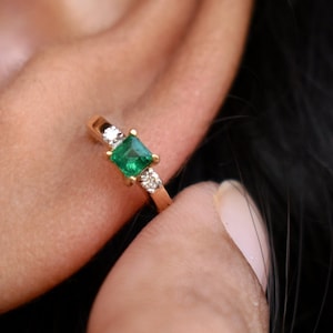 6mm-13mm Natural Green Emerald & Diamond Ear Hoop, 18g Hinged Hoop Clicker, 14k 18k Solid Gold Nose Cartilage Forward Helix Piercing