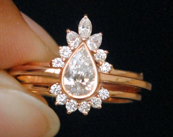 SET OF 2, Half Carat Pear Diamond Ring with Diamond Ring Wrap Enhance in 14K Solid Gold, Engagement & Wedding Ring Set