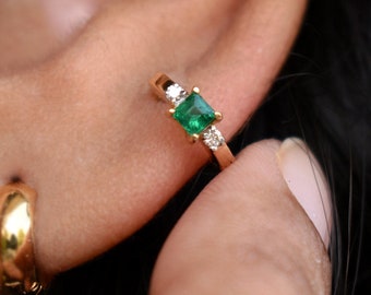 6mm-13mm Natural Green Emerald & Diamond Ear Hoop, 18g Hinged Hoop Clicker, 14k 18k Solid Gold Nose Cartilage Forward Helix Piercing