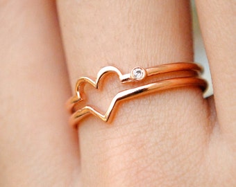 Love Heart Ring 14K 18k Solid Gold, Bezel Diamond Asymmetric Double Band Lover Ring, Valentine's Day Gift, Unique Ring Wrap