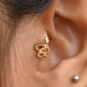 Orecchini a forma di serpente in oro massiccio 14k 18k, perno nasale a forma di trago e lobo serpantine, gioielli per rettile con piercing ipoallergenico, Rebirth