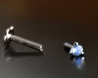 2mm Rainbow Moonstone Stud in 3 Prong Martini Setting, 14k Solid Gold Tiny 16g Flatback Earring, Ear Nose Facial Stud, June Birthstone