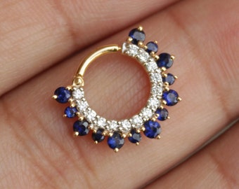 6mm 8mm 10mm Natural Blue Sapphire and Diamond Septum Daith Clicker Ring, 14K Solid Gold Hoop Earring, 16g 18g Piercing Jewelry