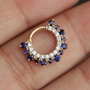 6mm 8mm 10mm Natural Blue Sapphire and Diamond Septum Daith Clicker Ring, 14K Solid Gold Hoop Earring, 16g 18g Piercing Jewelry