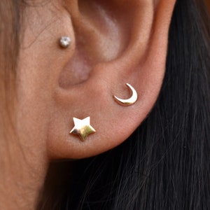Star Moon 14 kt massief gouden oorknopjes, celestial plaksteen pushback-stekers, kraakbeenhelix traguskwab lip wenkbrauwpiercing