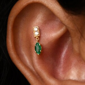 Natural Green Emerald Dangle with Diamond Bar, 14k 18k Solid Gold Small Danging Earring, Tragus Forward Helix Threaded Flatback 16g Piercing image 1