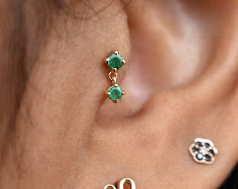 Natural Green Emerald Dangle Earring, 14k 18k Solid Gold Piercing Jewelry, Tragus Flat Conch Forward Helix Flatback Stud 16g