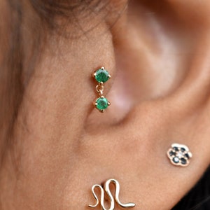 Natural Green Emerald Dangle Earring, 14k 18k Solid Gold Piercing Jewelry, Tragus Flat Conch Forward Helix Flatback Stud 16g