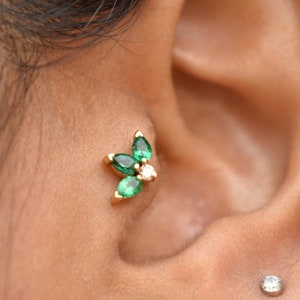 Natural Green Emerald & White Diamond Lotus Stud, 14k 18k Solid Gold Floral Threaded Flatback Pin, Ear Nose Lip Piercing Jewelry 16g