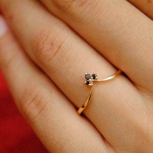 3 Natural Black Diamond V Ring, Solid 14k 18k Gold Stack Ring, Chevron Wedding Bridal Band, Diamond Crown Tiara Wishbone Ring