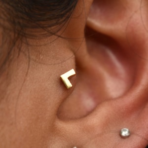 14k 18k Solid Gold Tiny V Earring, Peace Symbol Jewelry, Chevron Nose Tragus Cartilage Helix Lip Dermal Piercing Jewelry, 16g Flatback