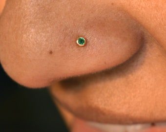 1.5mm Natural Green Emerald 22g C L Wire Twist Nose Stud, 14K 18K Solid Gold Nose/Ear Piercing Jewelry, Super Tiny Nose Stud