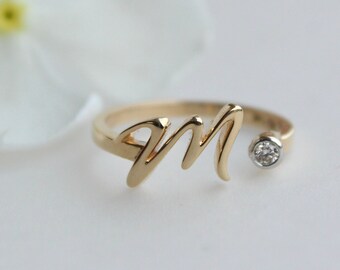 Custom Initial Open Ring, Solid 14K 18K Gold Lower Case Alphabet Ring, Open Gold Letter & Diamond Ring, Pet Initial Personalized Ring