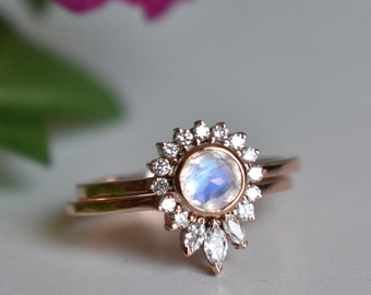 Unique Half Halo Moonstone Engagement Ring and Pear Diamond Wedding Ring Set in 14K Solid Gold, Stacking Crown Engagement Ring Set