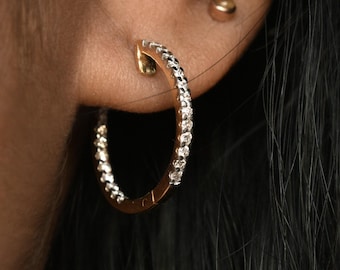 15mm Inside Out Eternity Natural Diamond Hoops, 14k 18k Solid Gold Bridal Earrings, Wedding Anniversary Birthday Gift