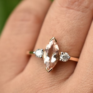 10x5mm Marquise Morganite & Salt and Pepper Diamond Engagement Ring, 14k Solid Gold 3 Stone Bridal Ring