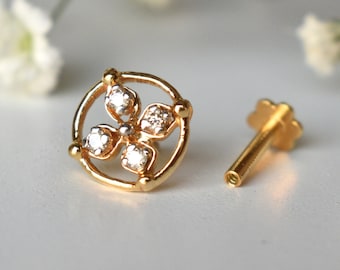 Four Leaf Clover Stud with Genuine Diamonds in 14k Solid Gold, Flower Stud for Ear & Nose Piercing