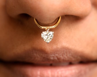 READY TO SHIP Natural Heart Diamond 8mm Clicker, 14k Yellow Gold, Dangling Solitaire Diamond Septum Hoop, 18g Fine Nose Piercing Jewelry