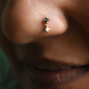 Natural White & Black Diamond Tiny Dangle Earring, 14k 18k Solid Gold Piercing Jewelry, 2 Color Stud, Tragus Flat Forward Helix Flatback 16g