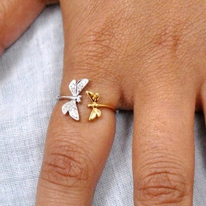 Sterling Silver Two Dragonfly Open Ring with Natural Diamonds, Damselfly Remembrance Jewelry, Mother Daughter Gifts