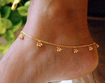 18K Solid Gold Anklet with Bells, Cuban Link Curb Chain Anklet, Indian Tribal Gold Bell Bracelet & Anklets, Dainty Boho Jewelry