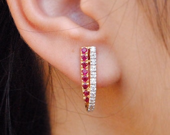 Diamond and Ruby Huggie Earrings, Patterned 14K Yellow Gold J Hoop Stud Earrings, Modernist Bridal Red Earrings,