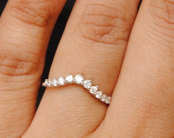 Natural Diamond Curved Wedding Band, 14k 18k Solid Gold Nesting Ring, 11 Prong Set Diamond Stack Ring, Custom Fit Bridal Anniversary Gift