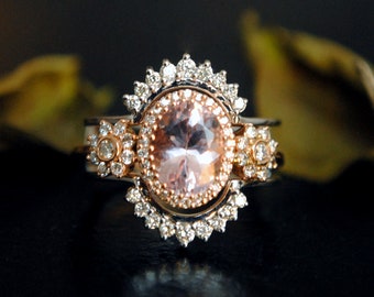 Oval Morganite Diamond Halo Engagement Ring, 14K 18K Solid Gold Edwardian Bridal Ring, Cluster Ring, Pink Floral Vintage Inspired Ring