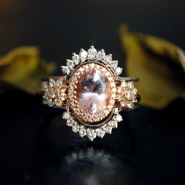 Oval Morganite Diamond Halo Engagement Ring, 14K 18K Solid Gold Edwardian Bridal Ring, Cluster Ring, Pink Floral Vintage Inspired Ring