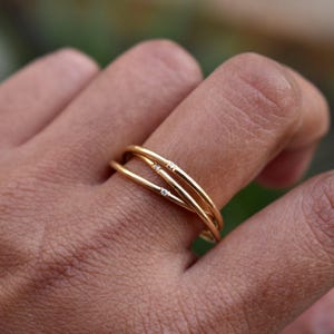 14k 18k Solid Gold Three Rolling Ring, 1mm Triple Interlocked Pave Diamond Ring, Fidget Band image 3