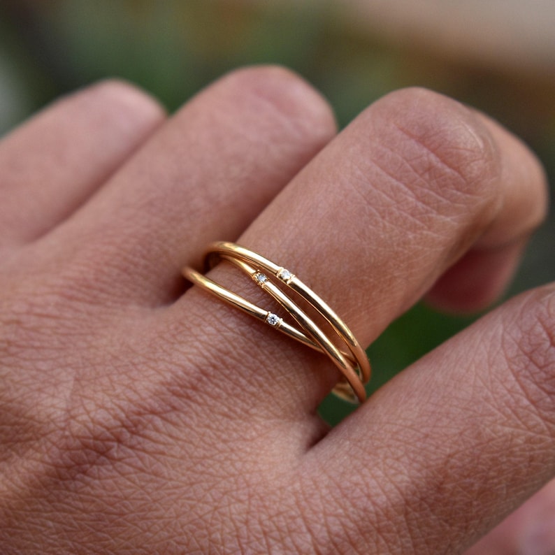 14k 18k Solid Gold Three Rolling Ring, 1mm Triple Interlocked Pave Diamond Ring, Fidget Band image 3