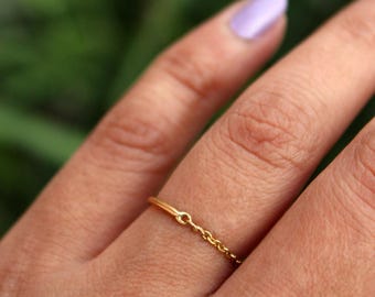 18K Solid Gold Half Chain & Band Ring, Wedding Midi Knuckle Thumb Stack