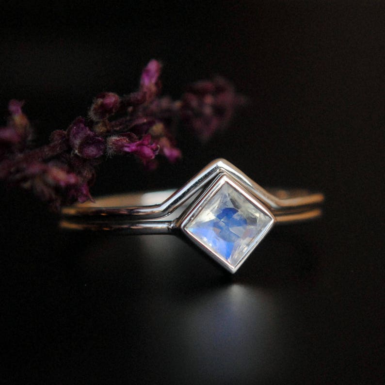 5mm Square Moonstone Engagement Ring Set, 14k 18k Gemstone Wedding Set, V Stack Wedding Ring, Alternate Minimal Ring Set image 2