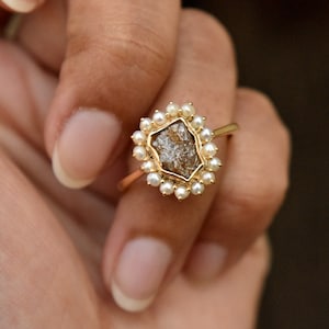 1.30 Carat Brown Rough Diamond Halo Ring, 14k Solid Yellow Gold Fresh Water Pearl Halo Ring, Uncut Diamond Proposal Ring, READY TO SHIP