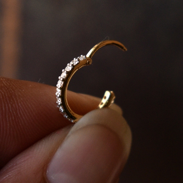 1,2 mm echte Diamond Clicker in 14k massief goud, hoepelring voor neuskraakbeen Conch Helix Lobe Orbital Lip Brow Piercing, 14g 16g 18g