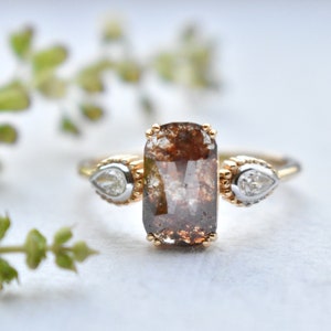 Celestial Brown Diamond Engagement Ring, 6x10mm Rose Cut Colored Diamond Ring, Three Stone Pear Diamond Ring