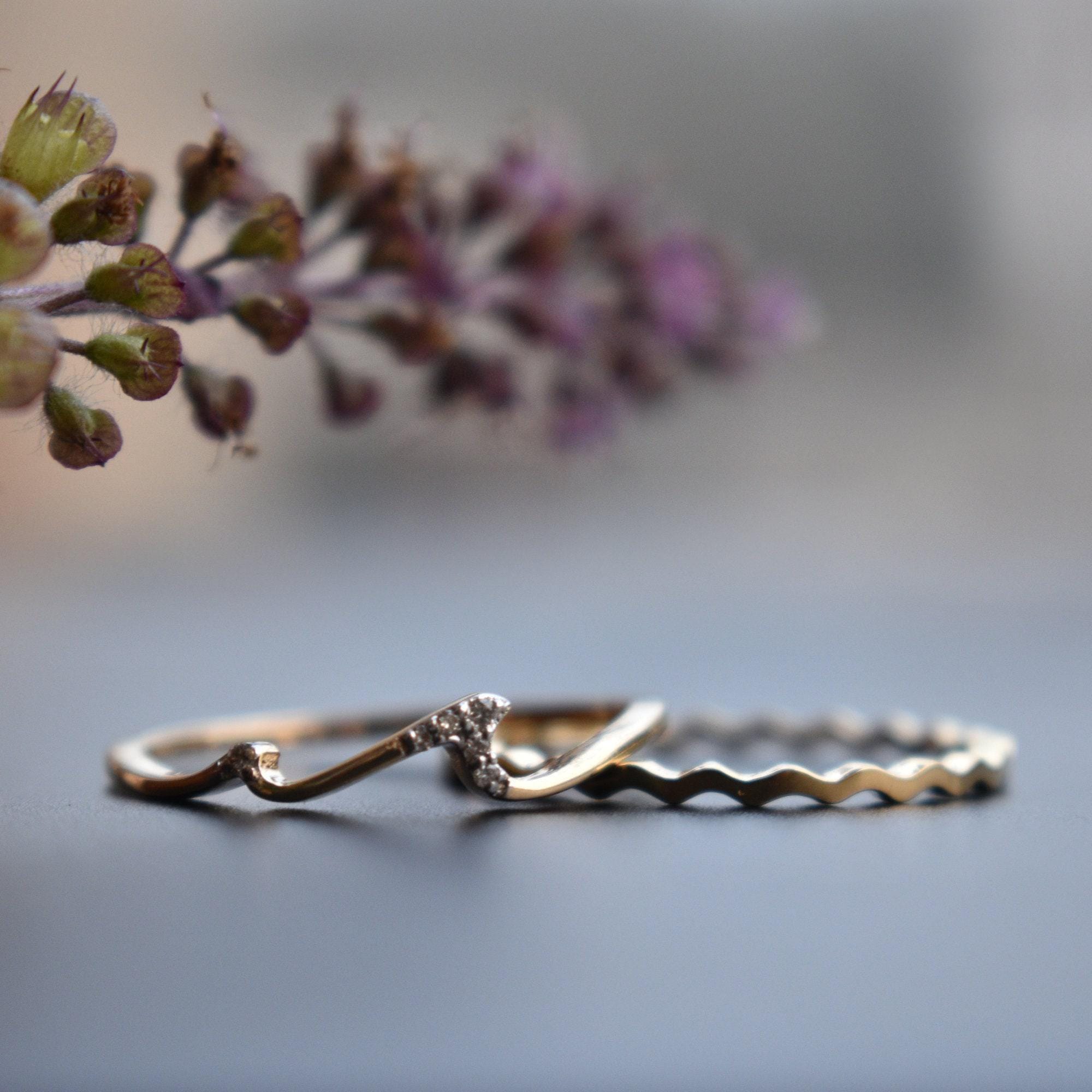 Ocean & Wave Diamond Ring Set, 14K 18K Solid Gold Gold Ocean Tide ...