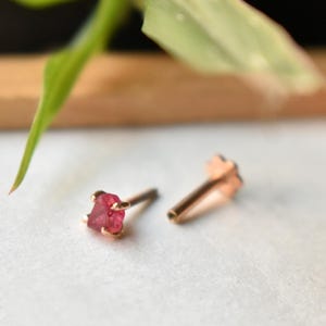 Natural Rough Ruby Nose Ear Stud, 14k 18k Solid Gold Threaded Flatback Pin, Pink Earring, July Birthstone Piercing Jewelry, Unique Jewelry