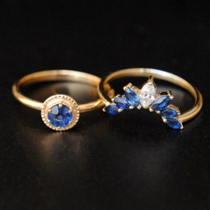 Blue Sapphire Engagement Ring with Sapphire and Diamond Curved Bridal Stack Ring Set image 4