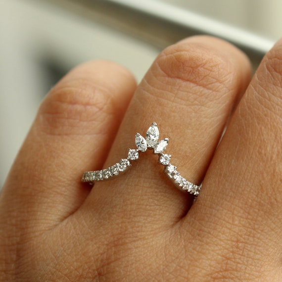 Deep V Diamond Ring Enhancer in 14K Gold Curved Tiara Stacking