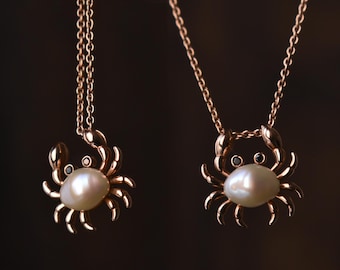 14k Solid Gold Crab Necklace, Baroque Pearl Cancer Zodiac Sign Jewelry, Beach Seafood Lover
