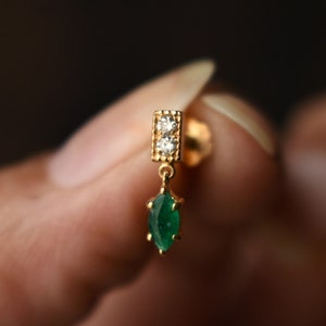 Natural Green Emerald Dangle with Diamond Bar, 14k 18k Solid Gold Small Danging Earring, Tragus Forward Helix Threaded Flatback 16g Piercing image 2