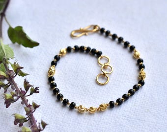 18K Solid Yellow Gold SINGLE Strand Mangalsutra Bracelet with Gold Chain and Black Beads, Indian Bridal Bracelet DDP