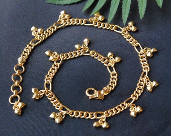 18K Solid Gold Figaro Chain Anklet Bracelet, Hollow Heart Shaped Bell Charm Anklet, Indian Bollywood Anklets, Tennis Bracelet