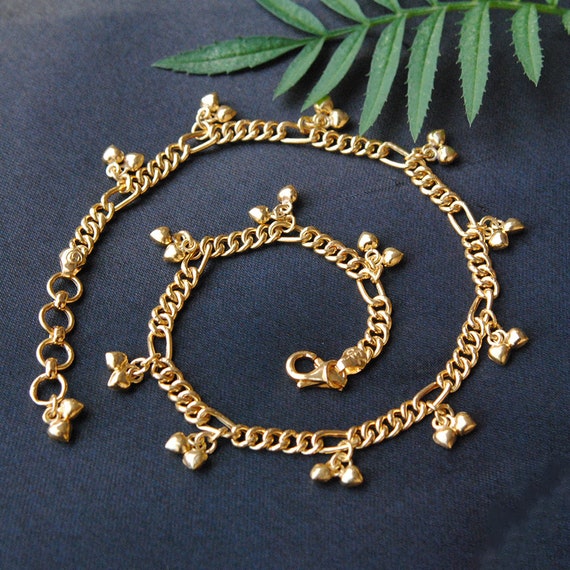 18K Solid Gold Figaro Chain Anklet Bracelet Hollow Heart Shaped