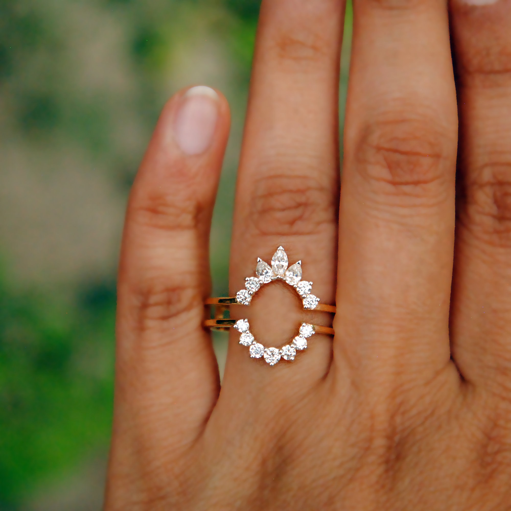Natural Diamond Ring Guard, Oval Flower Shaped Engagement Ring Wrap, 14k  18k Solid Gold & Baguette Round Diamond Custom Fit Enhancer 